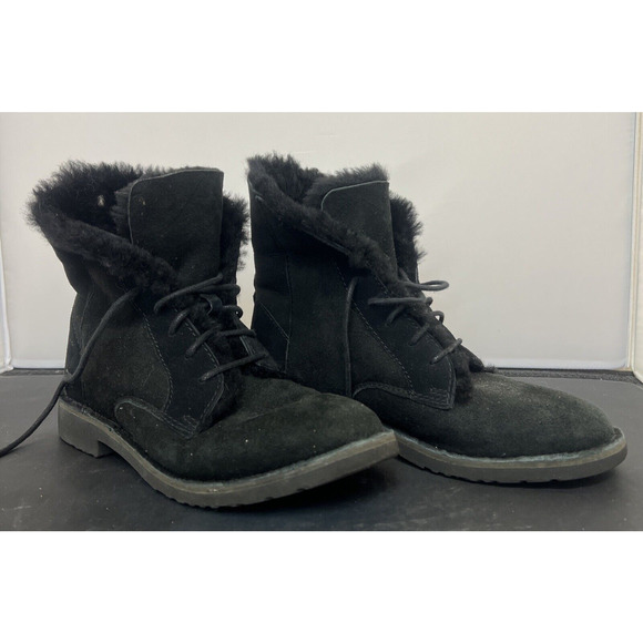 Women's UGG Quincy Suede Sheepskin Lace-Up Winter Boots Black Size 7 #1012359 FS - Picture 1 of 10